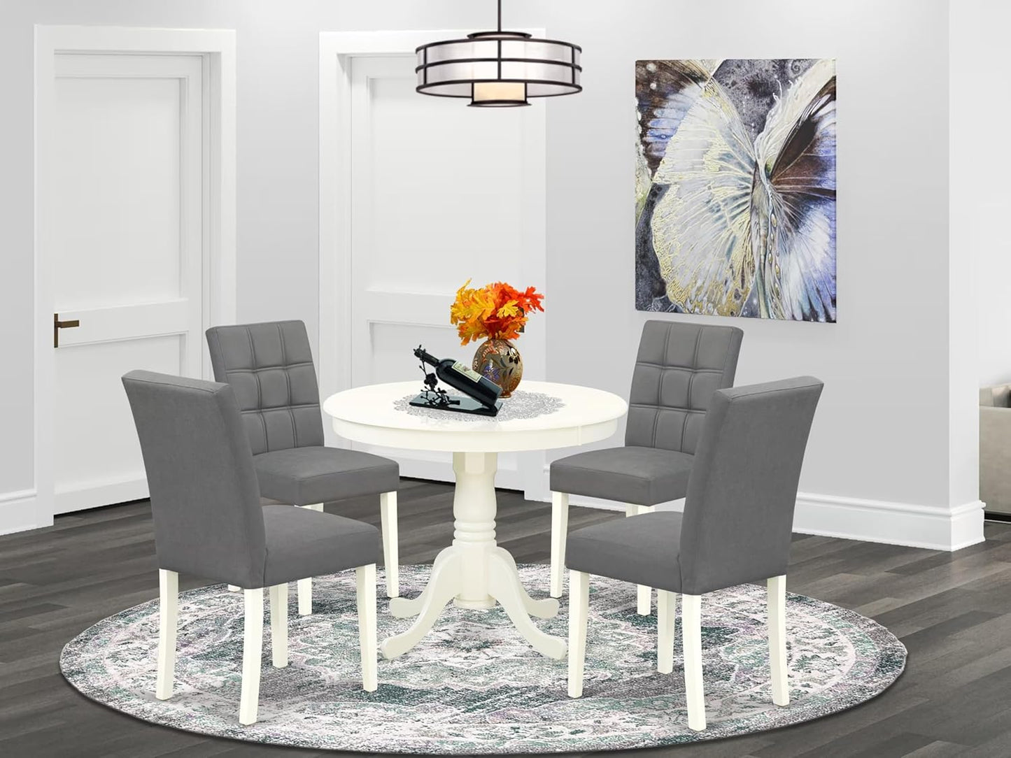 East West Furniture ANAS5-LWH-41 5 Piece Dining Table Set contain A Dinner Table and 4 Platinum Gray Polyester Fabric Kitchen Chairs with Stylish Back- Linen White Finish