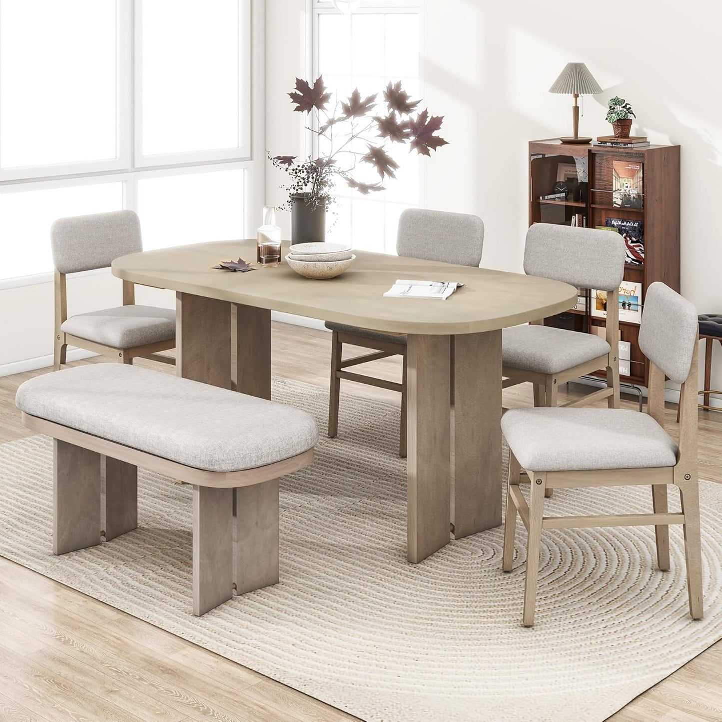 Merax Farmhouse Wooden Dining Set of 6, 65 Inch Rectangular Kitchen Table, Upholstered 4 Chairs with Backrest, Bench with Cushion, Easy Assemble, Natural