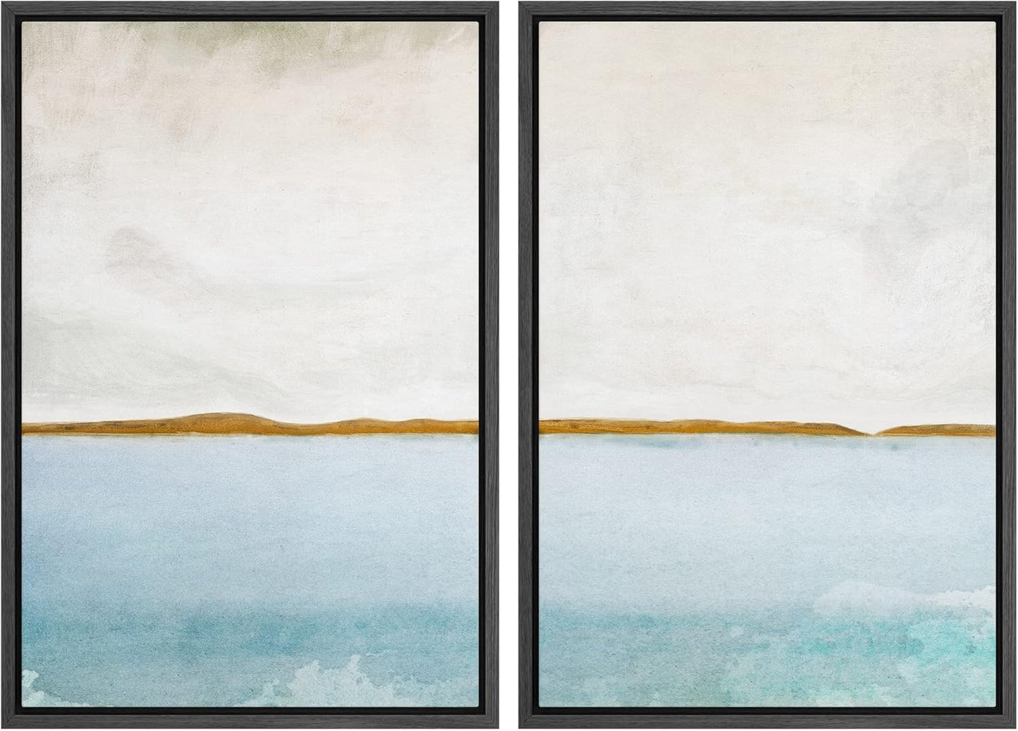 SIGNWIN Framed Canvas Print Wall Art Set Gold Blue Ocean Sea Beach Landscape Nature Wilderness Illustrations Modern Art Decorative Rustic Chic for Living Room, Bedroom, Office - 24"x36"x2 Black