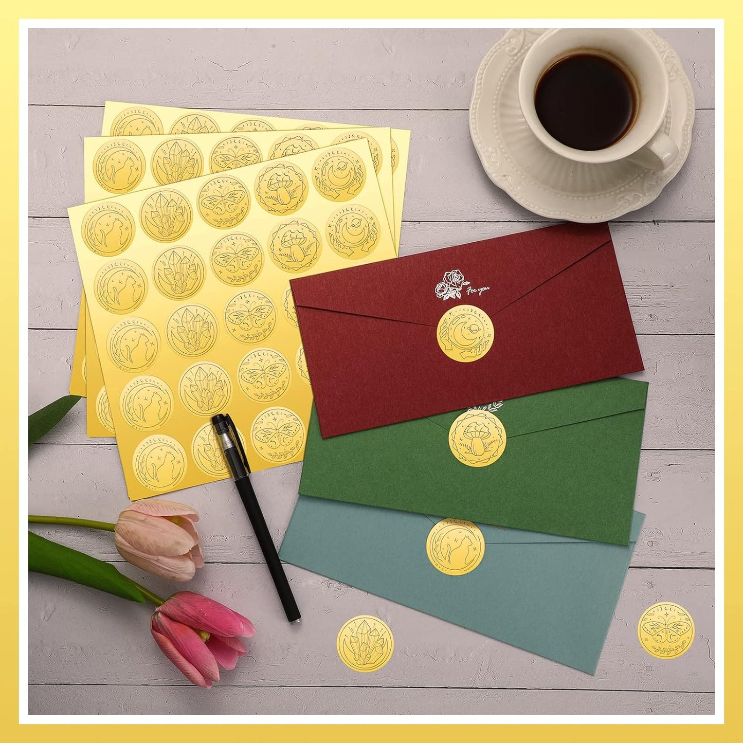 Chinco 500 Pieces Gold Embossed Envelope Seals Stickers Adhesive Seal Stickers Vintage Embossed Foil Certificate Kit Plant DIY Labels for Wedding Invitations Envelopes, 5 Patterns(Witchcraft Style)