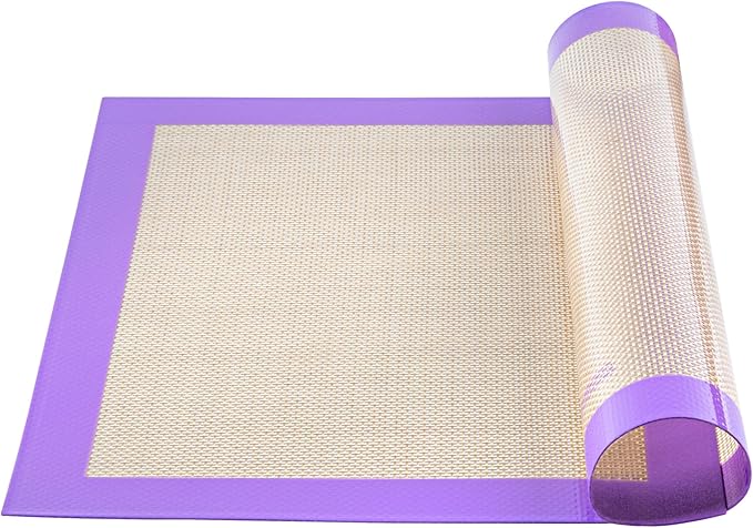 Restaurantware Half Size Baking Mat 1 Heat-Resistant Cooking Mat - Allergen-Safe Reusable And Ultra-Durable Tan And Purple Silicone Nonstick Mat For Pans And Rolling 11.8 x 15.75 Inch
