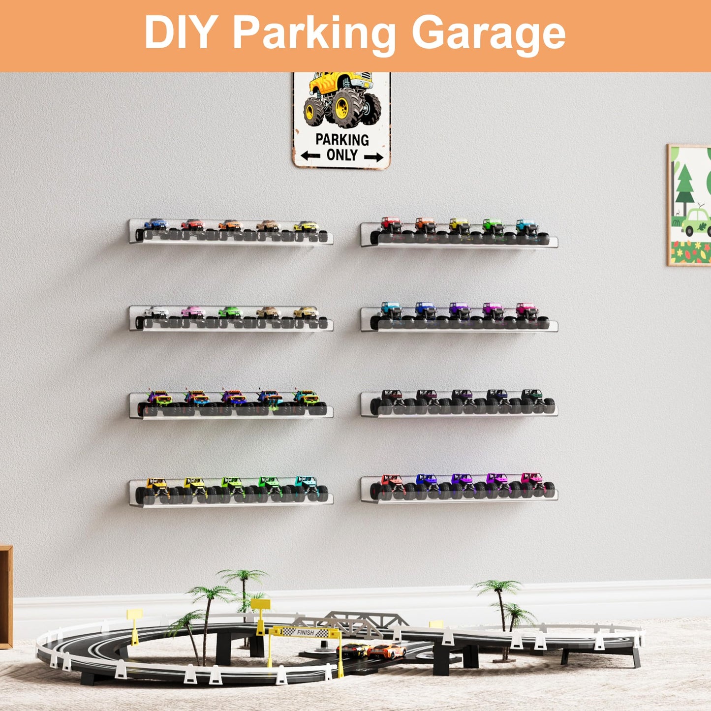 upsimples 8 Pack Acrylic Shelves Wall Organizer and Storage, 15" Display Shelf for Figure, Toy Cars, Perfume, Kids Bookshelf for Bedroom, Nursery, Craft Room, Clear
