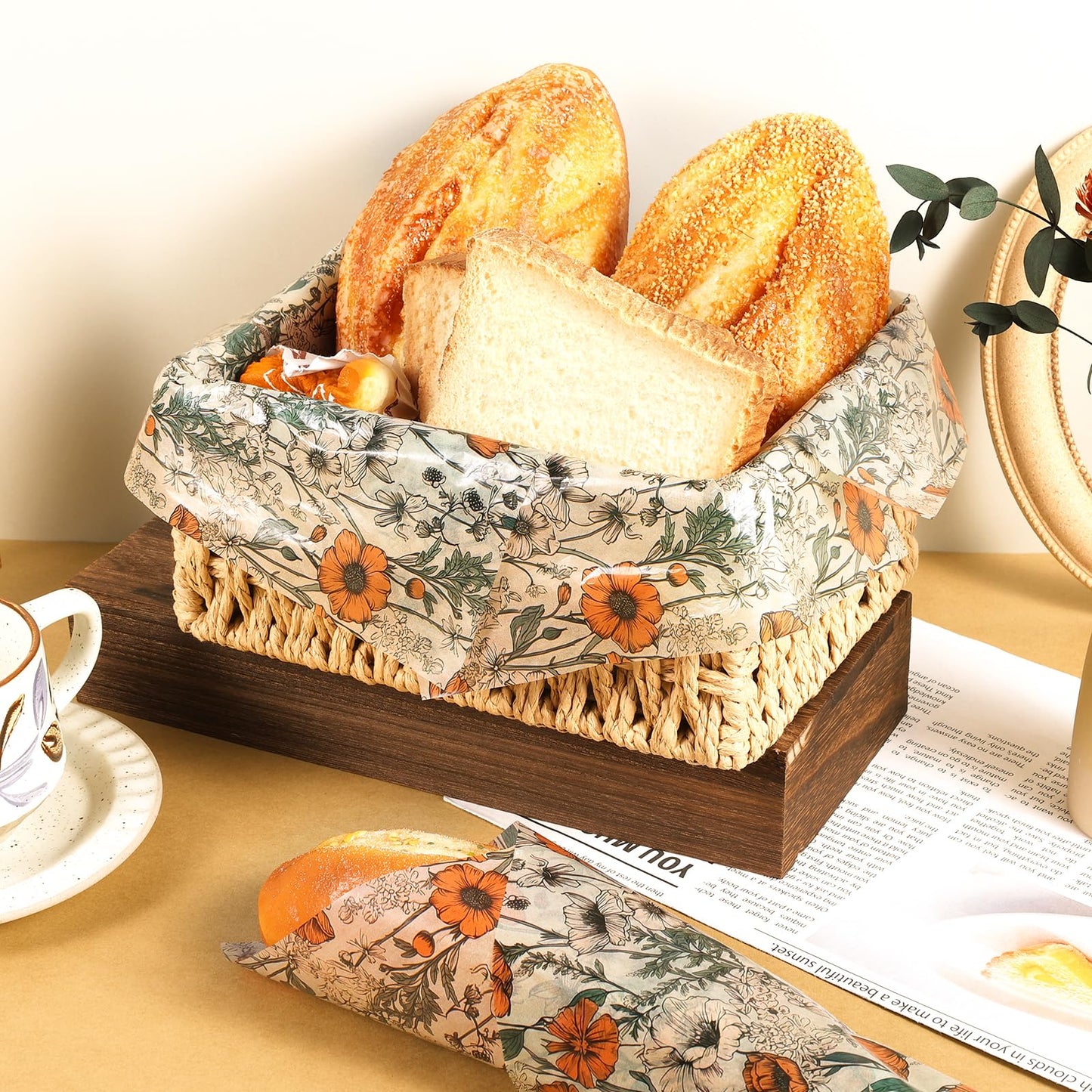 120 Sheets Orange Wildflower Garden Floral Wax Paper for Food Deli, 13.4 * 9.4‘’ Retro Floral Greaseproof Deli Paper for Sandwich Picnic Basket Liner Birthday Party Supplies