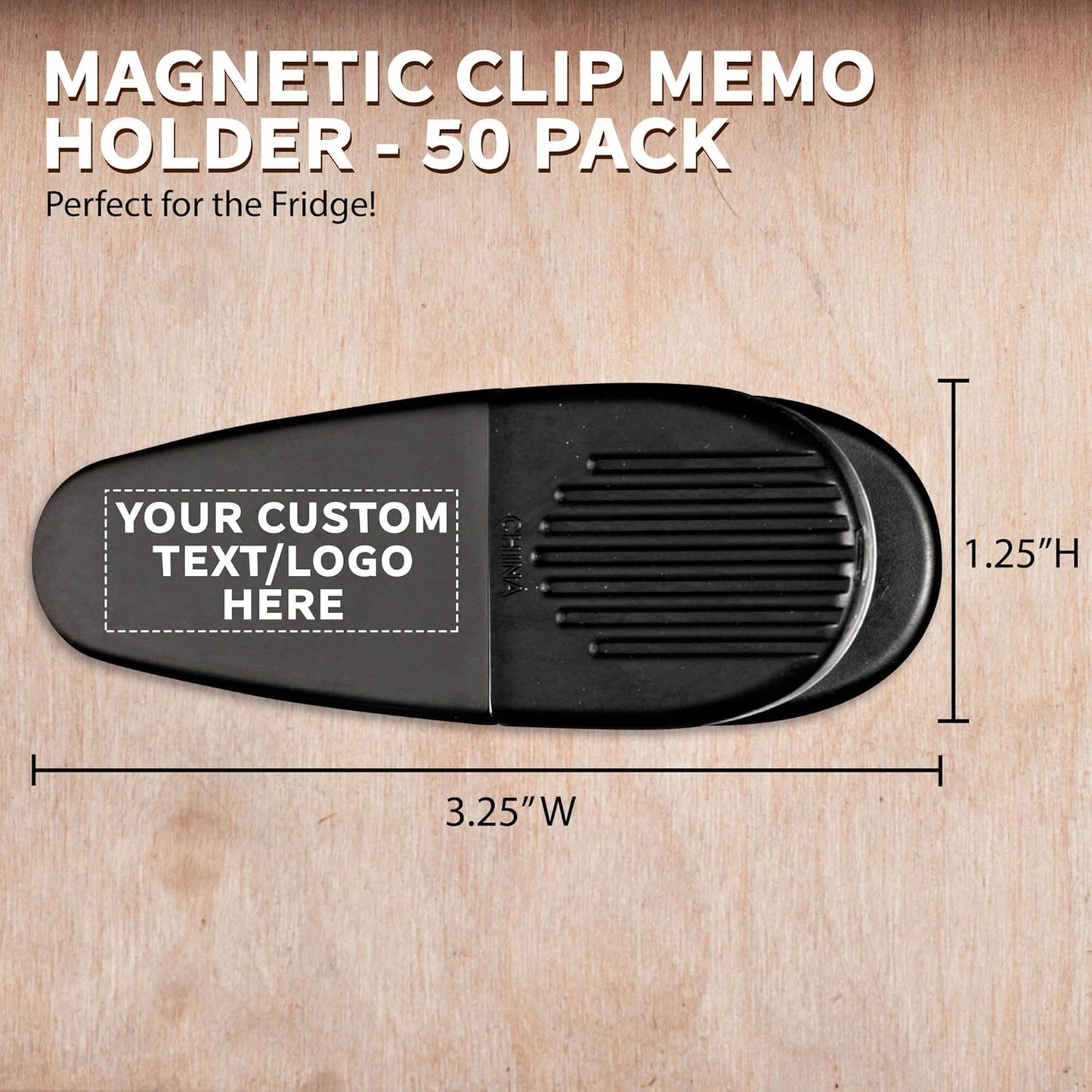 50 Magnetic Memo Holders Set - Customizable Text, Logo - Large Clip, Plastic - Black