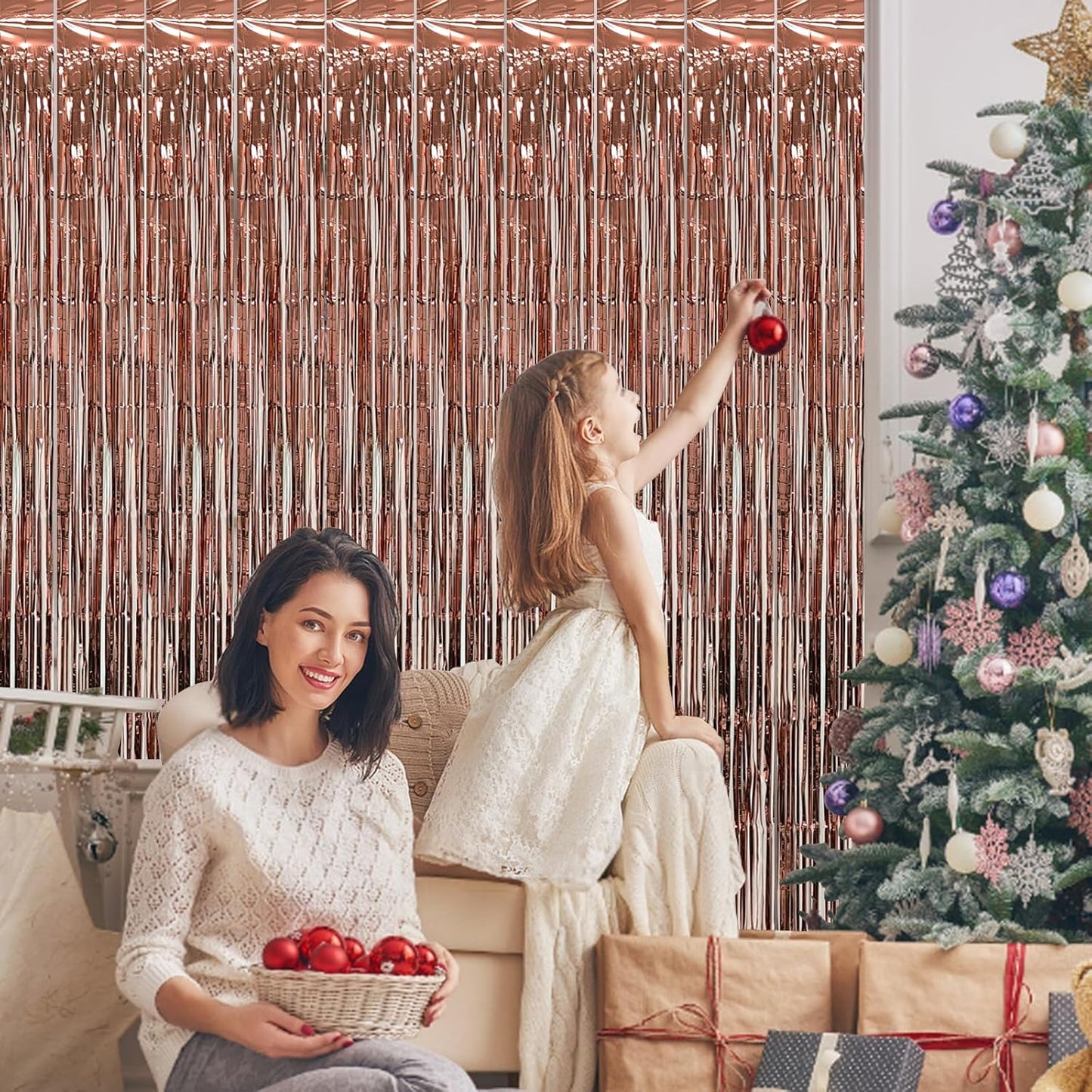 Foil Curtain Backdrop Metallic Tinsel Foil Fringe Curtains Photo Booth Props for Birthday Wedding Engagement Bachelorette Christmas Holiday Celebration Party Decorations Supplies (meiguijin-3-fba)