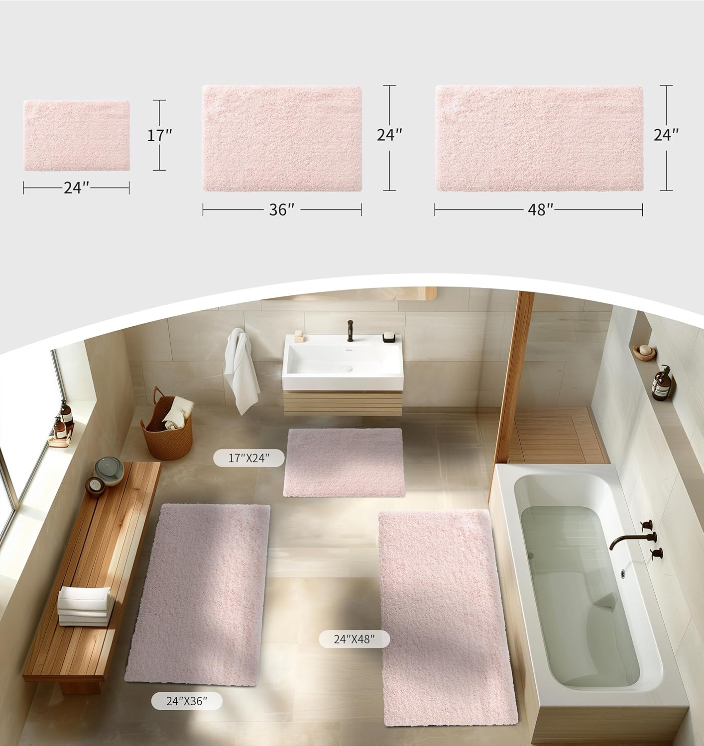Pink Bathroom Rug 24x36 Non Slip Fluffy Bath Mat for Bathroom Floor Washable Plush Luxury Bath Rug for Tub Soft Shaggy Absorbent Shower Sink Mat