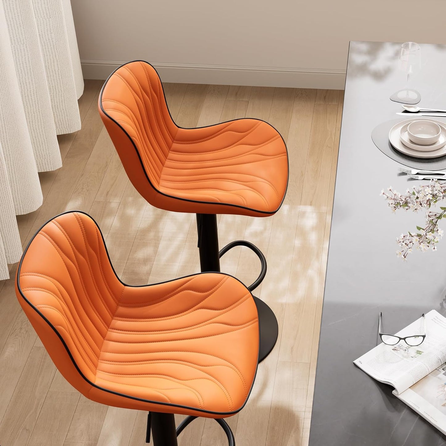 YOUNIKE Orange Bar Stools Set of 2 Faux Leather Upholstered Counter Height Barstools Swivel Modern Kitchen Bar Chairs with High Backs Adjustable Tall sillas para barra de cocina for Breakfast Island