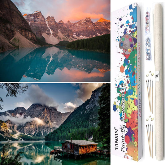 Paint by numbers Kit for adults beginners 2 pack paint by numbers for adults rolled up canvas for home decoration creative wall art with colorful gift box 12x16 inch mountain lake sunset 169-170