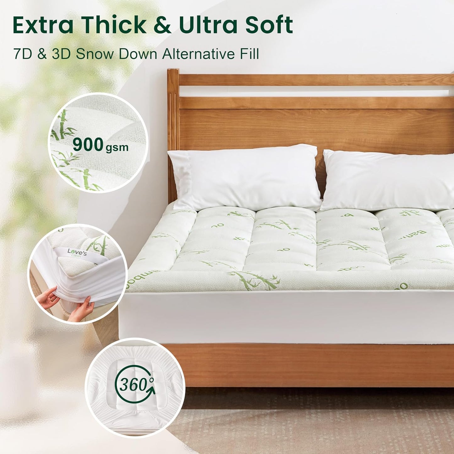 Love's cabin Queen Mattress Topper, Rayon Derived from Bamboo, 900 GSM Breathable Mattress Topper Pad, Thick Pillow Top Mattress Pad with Stretches up 8"-20" Deep Pocket(60"x80"), Green