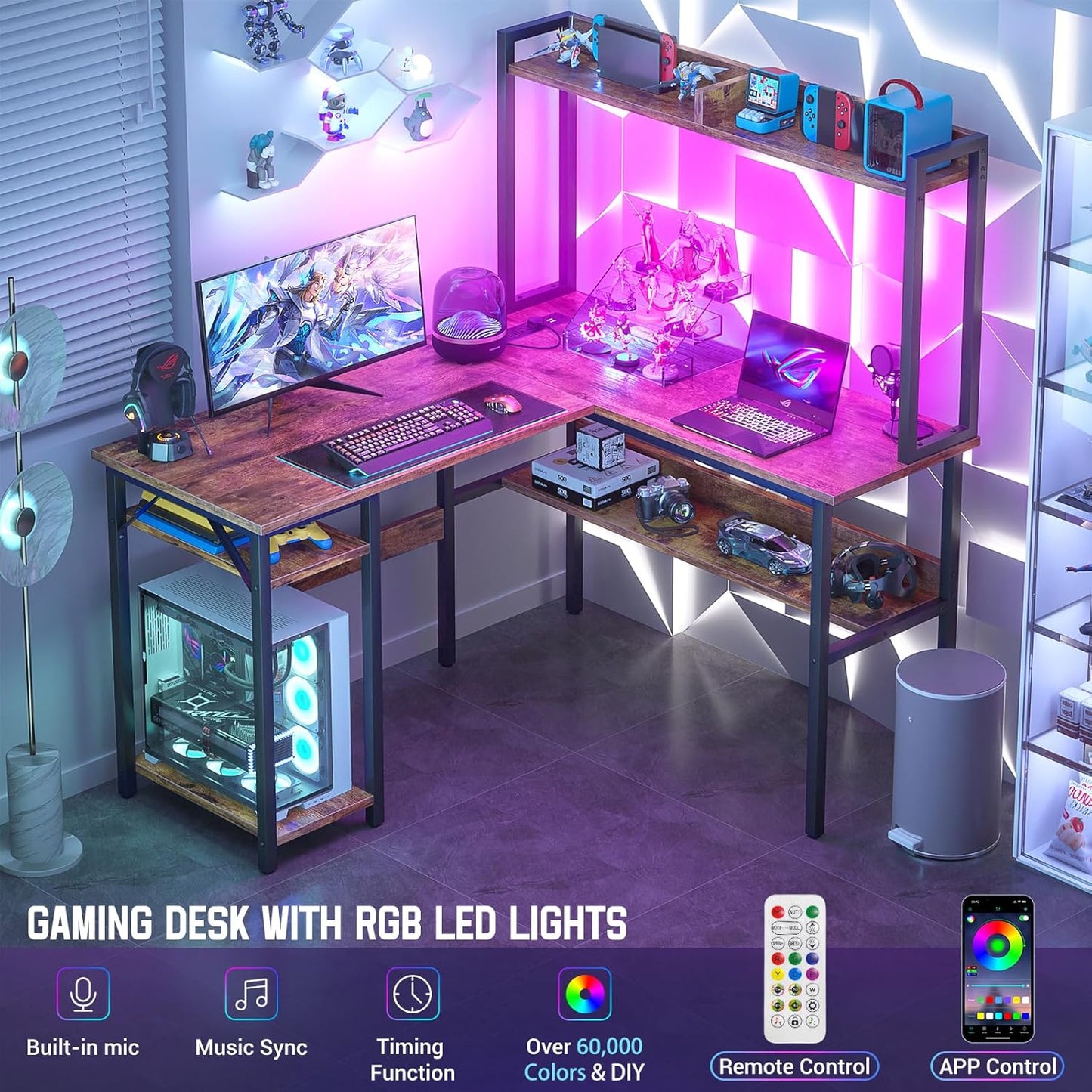 Unikito L Shaped Gaming Desk with LED Strip and Power Outlets, Reversible L-Shaped Computer Desk with Storage Shelves, Corner Desk with Hutch, 2 Person Home Office Desk, Rustic Brown