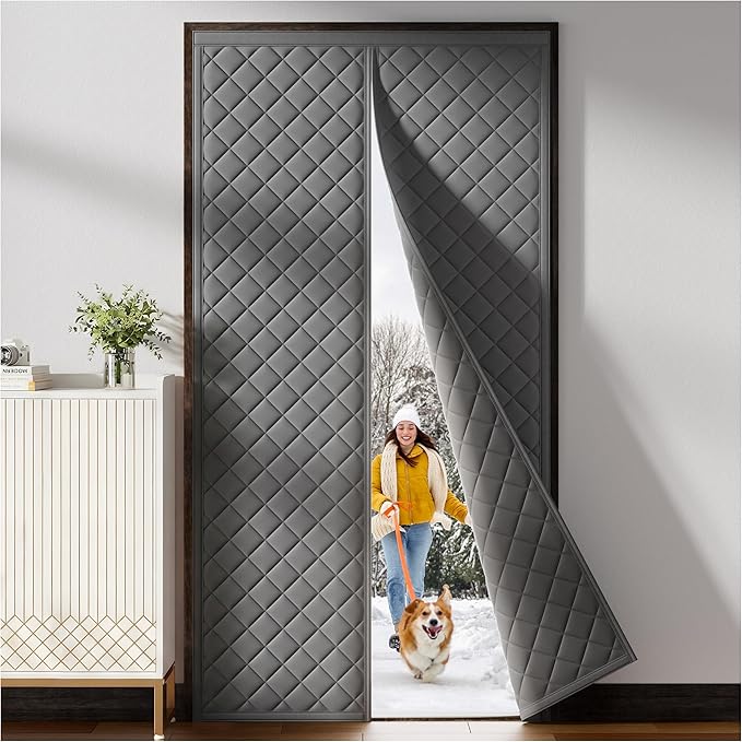 Magnetic Thermal Insulated Door Curtain Fit Door Size 36" x 96", Quilted Oxford Fabric Thicken Cotton Fill, Winter Cover Keep Cold Draft Out, Blanket Insulation for Front Patio Doors Gray