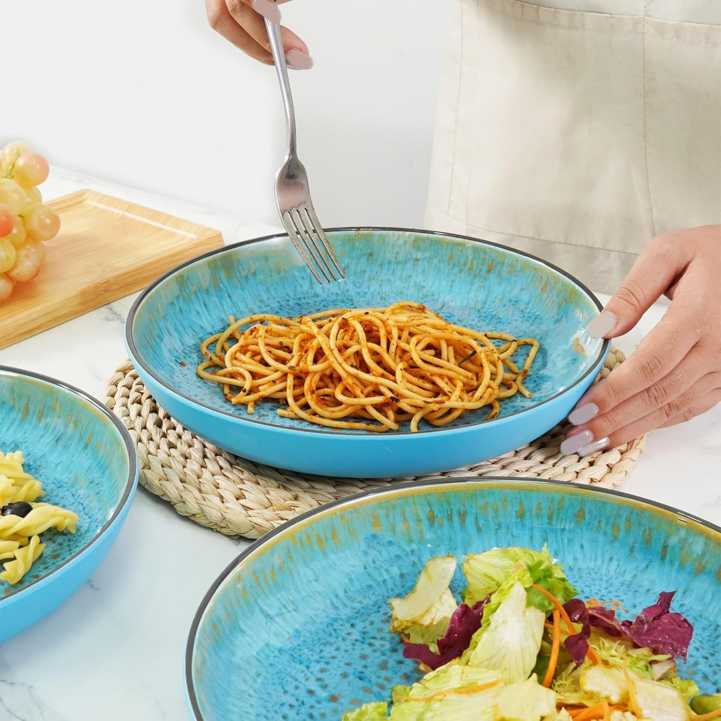 TP 12-Piece Dinnerware Set, Melamine Dishes Set with Bowls and Plates, Non-breakable and Lightweight Round Dinner Set for 4, Teal