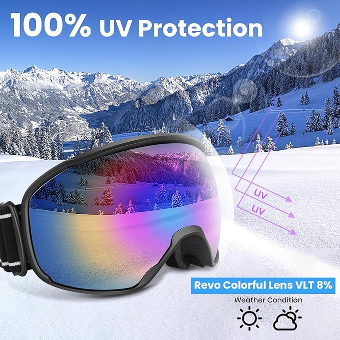 COOLOO Ski Goggles, OTG Snow Goggles for Adult Men Women Youth, Snowboard Goggles Over Glasses, Anti-fog, UV Protection