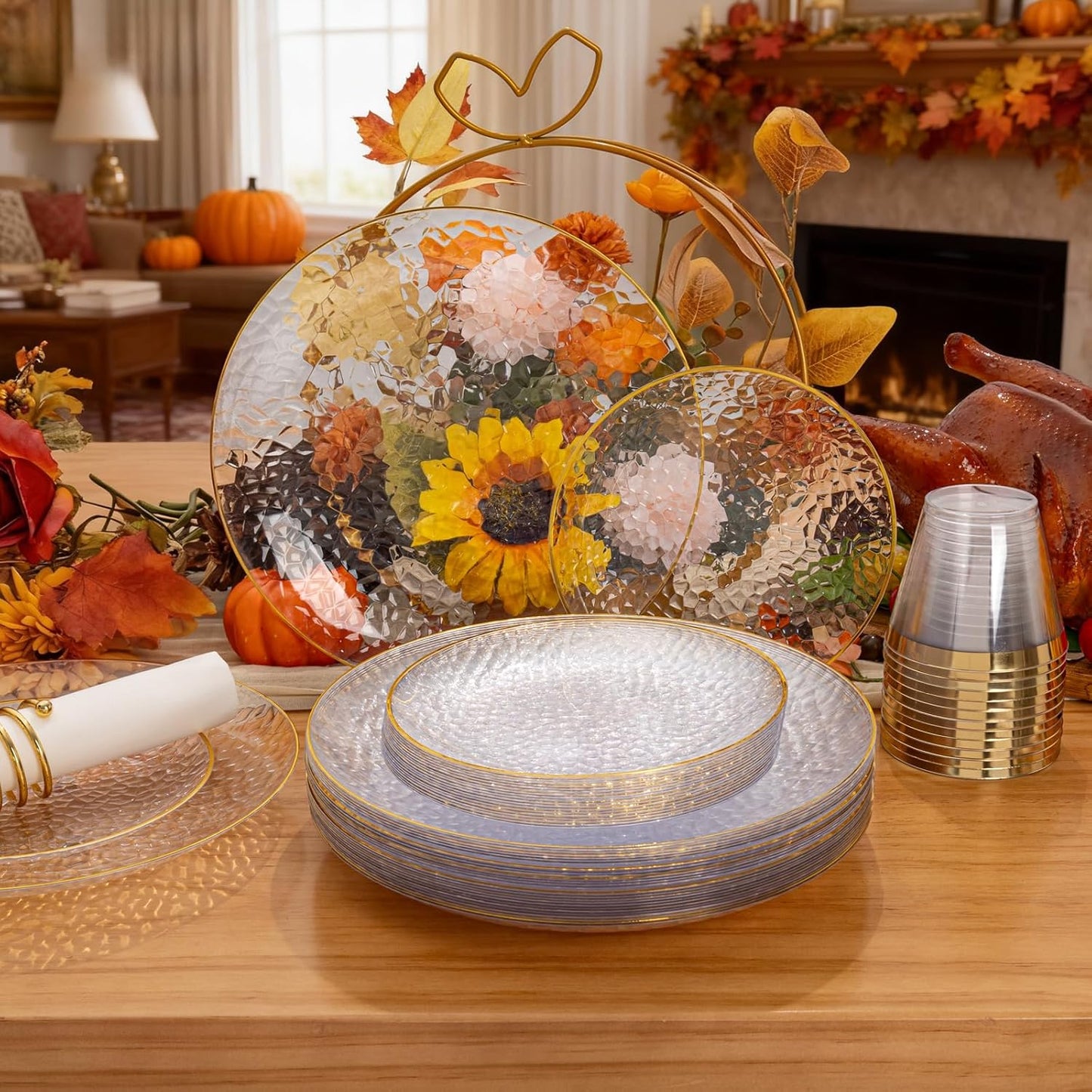 Rubtlamp 60Pcs Clear Plastic Plates,Clear Disposable Plates With Gold Rim,Heavy-duty Gold Plates,Hammered Party Plates Include 30Clear Dessert-Platos,30Dinner-Platos for Wedding, Party&Thanksgiving