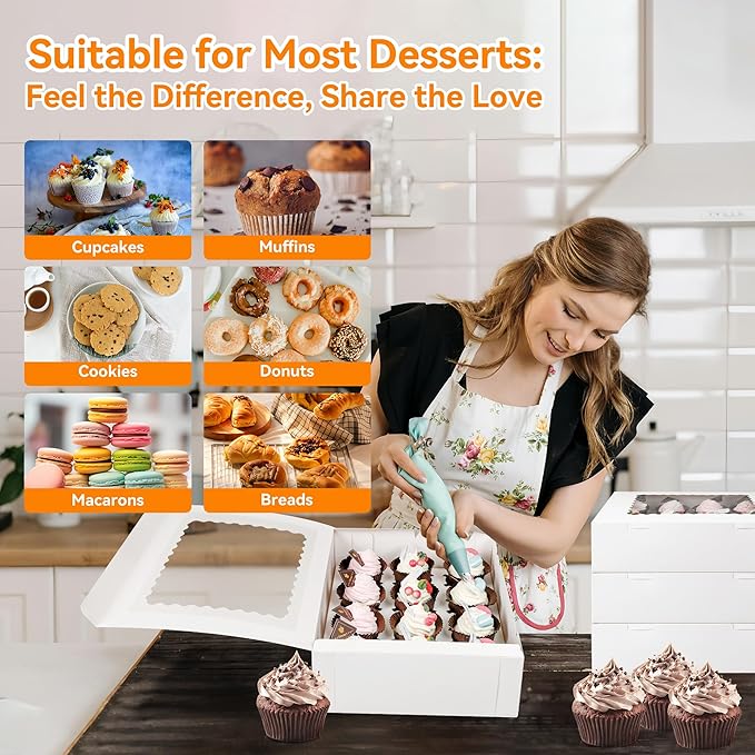 3-Set Cupcake Boxes Bulk with Clear Display Window Hold 12 Standard Cupcakes, Disposable Food Grade White Cupcake Carrier Cupcake Container, Perfect for Cupcakes Muffins Cookies Pastries