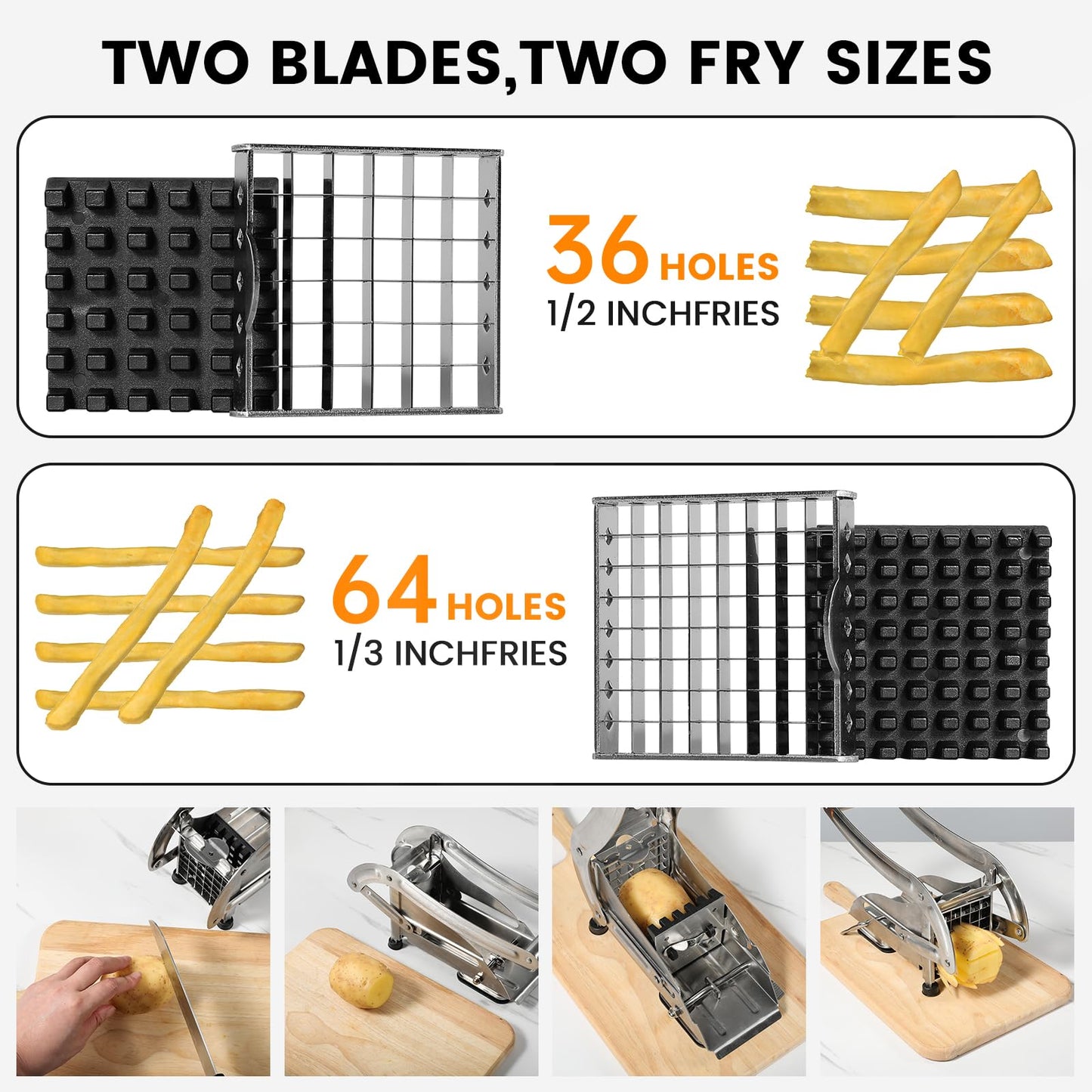 YENXIKU Premium French Fry Cutter & Potato Slicer – Stainless Steel Vegetable Cutter with 1/2 & 1/3 Inch Blades for Fries, Potatoes, Chips & Carrots (1-Pack)