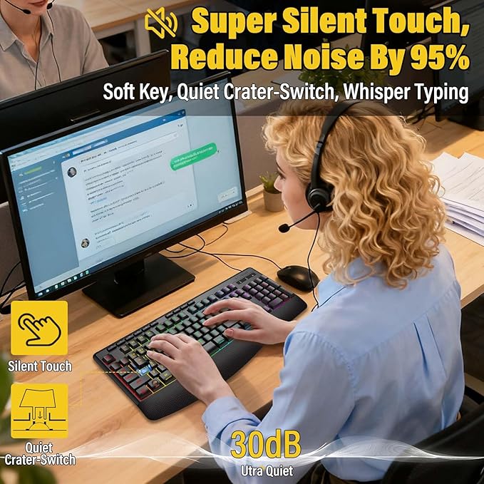 Premium Wireless Bluethooth Versatile Keyboard,8 RGB Backlit light up,Silent Touch Less Noise 95%,Ergonomic Wrist Rest,Wired Rechargeable,Tri-mode BT5.0/2.4GHz/USB C,Ideal For Gaming/PC Computer/Mac