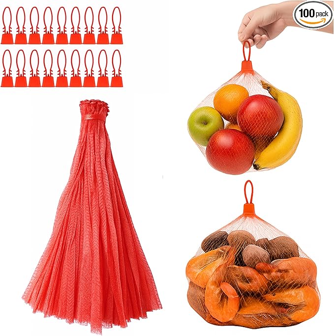 100Pcs Mesh Produce Bags 24-Inch with 100 Buckles – Reusable Seafood Boil Bags for Crab Clam Crawfish Potato Onion Fruits Vegetables Storage Net