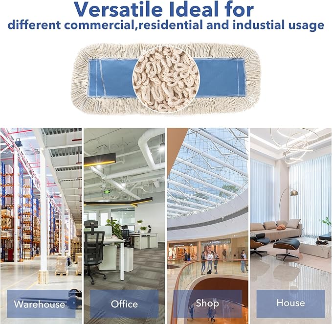 Matthew Cleaning 24'' Industrial Strength Cotton Dust Mop Refill Washable Replacement Heads for Residential & Commercial Use Fit Standard Dust Mop Frames, Hardwood,Concrete Floors Blue&White 12 Pack
