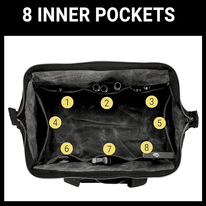 Heavy-Duty 16oz Waxed Canvas Tool Tote Bag - 15" Wide Mouth Open Top Organizer with 15 Pockets | Multi-Purpose Storage for Tools, Hardware & DIY Supplies (Black)