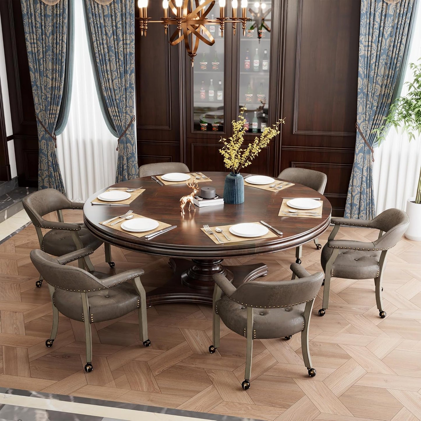 LEEMTORIG Large Dining Chairs with Casters and Arms, Rolling Dining Chairs with Wheels, Solid Wood Boss Caption's Chairs Office Chairs, 26"D x 25.2"W x 31.5"H, Soft Grey Legs & Dark Brown SY-1318-DK