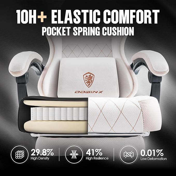 Dowinx Gaming Chair with Pocket Spring Cushion, High Back Ergonomic 360° Swivel Chair for Office Gaming, Massage Lumbar Support with Footrest for Adults, 300LBS Capacity, Beige for Office Gaming