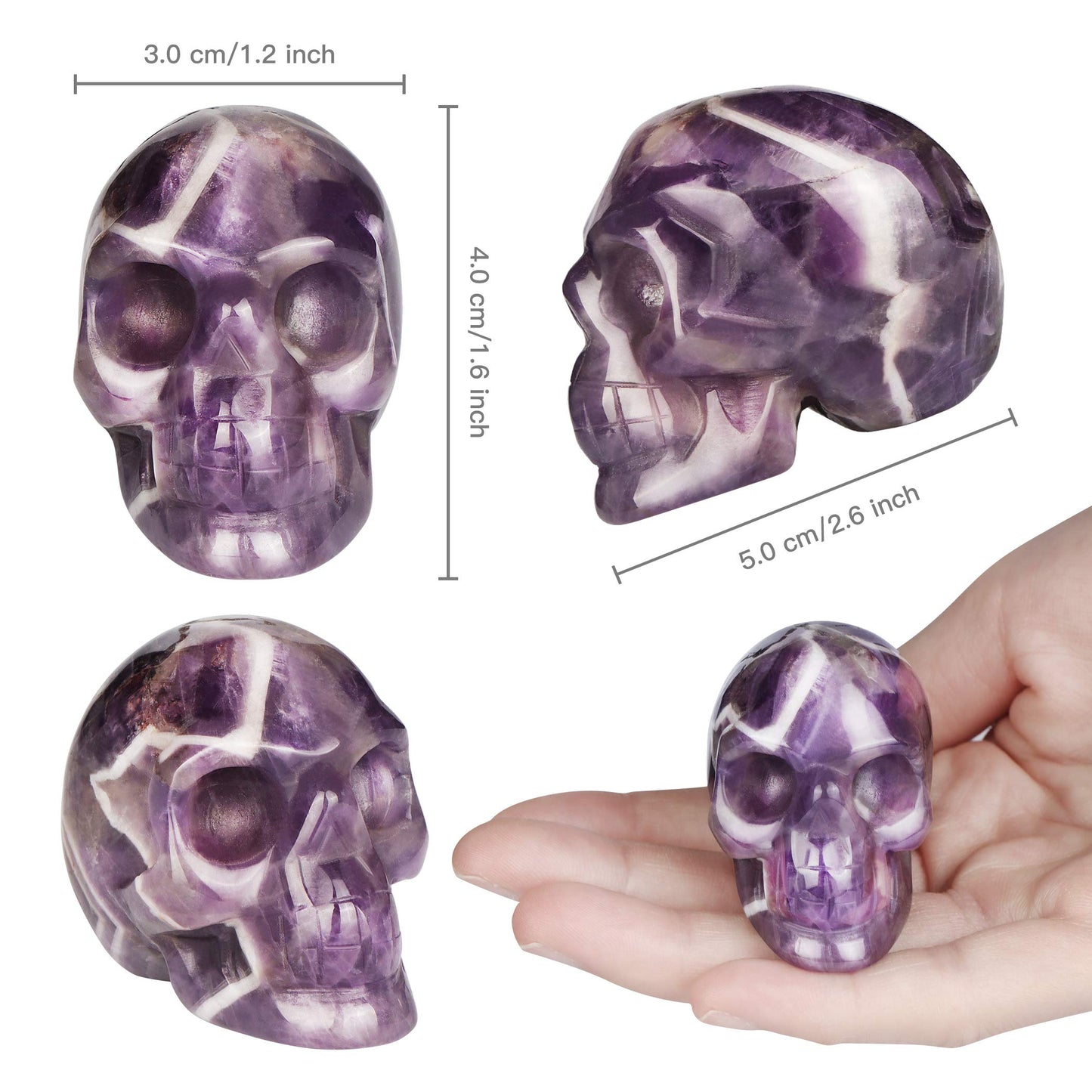 Artistone 2.0" Amethyst Crystal Skull Head Statue Halloween Home Decor Hand Carved Skull Crystal Figurine Purple Realistic Human Skull Model for Office,Kitchen Decoration
