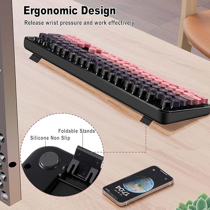 Kootop Wireless Keyboard and Mouse Combo, Cute Colorful 104 Keys Typewriter Retro Round Keycaps Keyboard for PC Laptop,Desktop,Windows, Home and Office Keyboards(Black Pink)