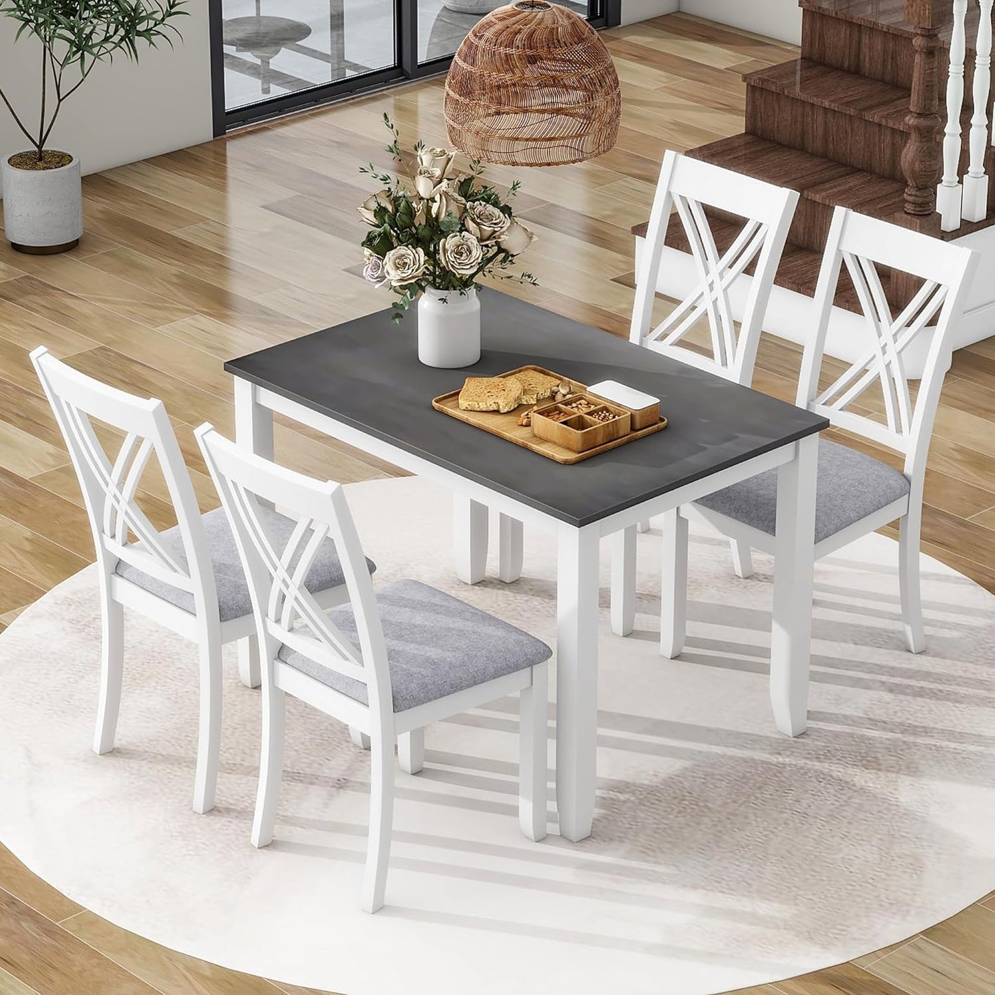 Ball & Cast Dining Table Set for 4 with 4 X-Back Chairs,5-Piece Wooden Living Room Furniture W/ 44.5" Rectangle Kitchen Desk,for Small Space,Apartment,Dining Room,Grey
