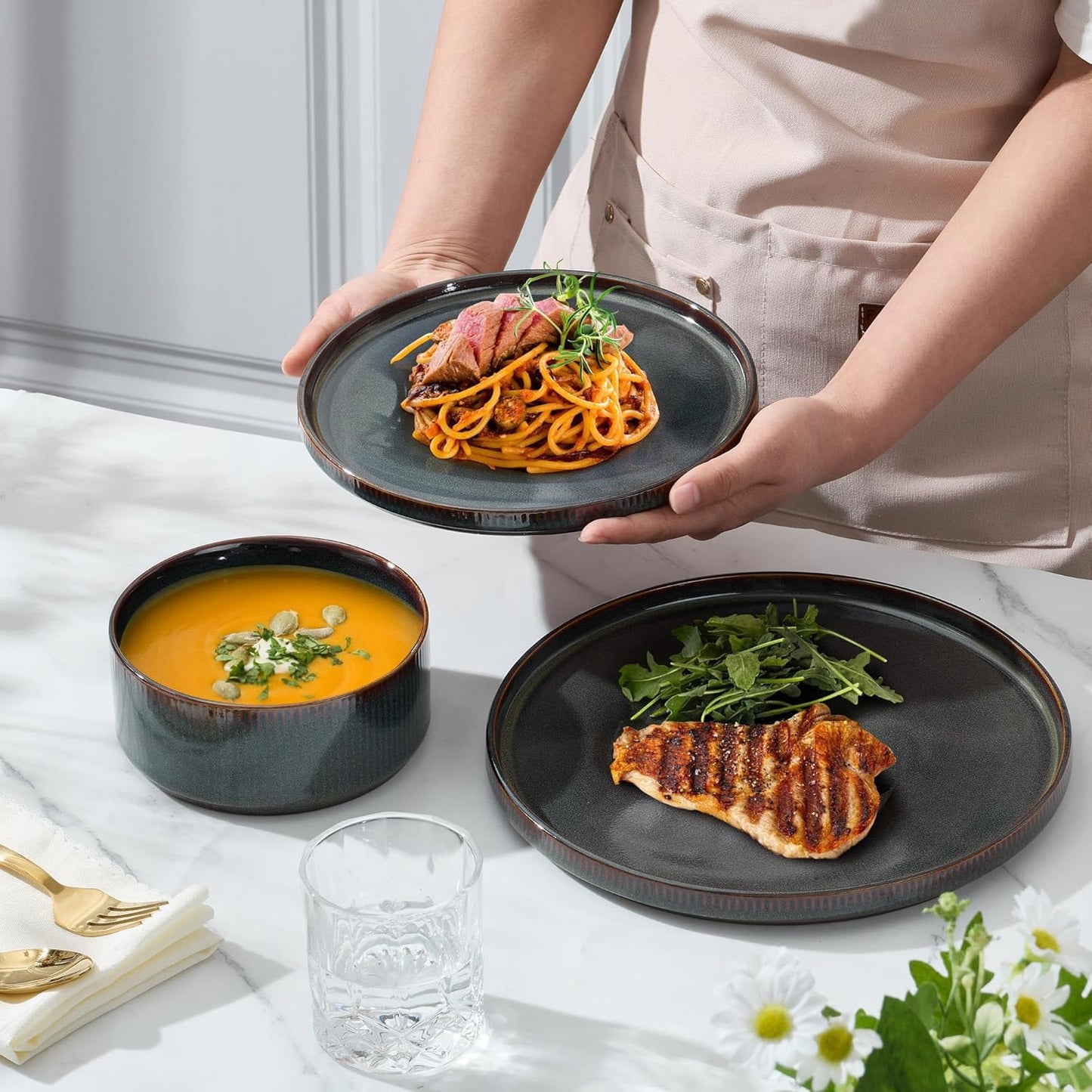 E-far Stoneware Dinnerware Sets, 18-Pieces Modern Plates and Bowls Sets, Kitchen Dinning Porcelain Dishes Set for 6, Chip & Scratch Resistant, Dishwasher & Microwave Safe, Blackish Green