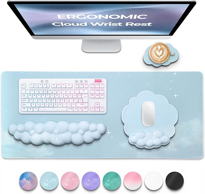 Premium Quality Cloud Wrist Rest Keyboard & Mouse Pad Set – Ergonomic Memory Foam Desk Accessories with Wrist Support for Office & Gaming – Baby-Blue-Sky