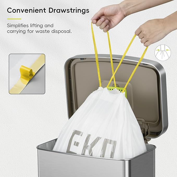 EKO 21 Gallon / 50-90 Liter, 60 Count Drawstring Trash Bags, Extra-Strong Garbage Bags, Lavender Scent with Continuous Odor Control, Easy-Dispense Roll for Kitchen and Household Use, Code G, White