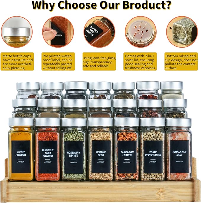 36 Glass Storage Jars- Spice Jars with Label-4oz Spice Containers with Shaker Lids，Silvery Lids,3 Sets of Spice Labels for Spice Rack, (36)