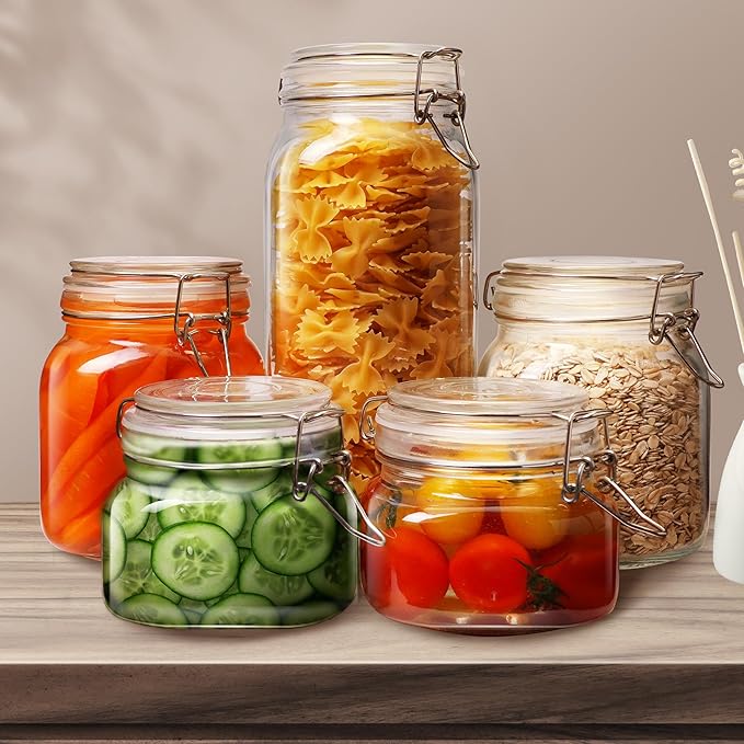 17oz - 6 Pack Square Glass Jars with Airtight Lid, Wide Mouth Mason Jars with Clamp Lids, Air Tight Glass Canisters, Best Food Storage Containers for Cereal, Pasta, Rice, Sugar, Coffee, Spice