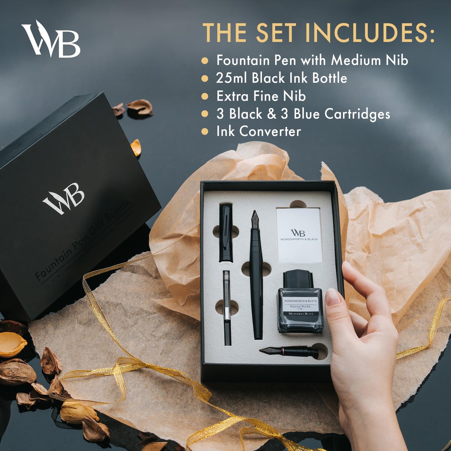 Wordsworth & Black Fountain Pen Set, 18K Gilded Medium and Extra Fine Nib, 25ML Black Ink Bottle, 6 Ink Cartridges,Refill Converter,Gift Box,Smooth Writing Pens [All Black],Gift Set for Men and Women