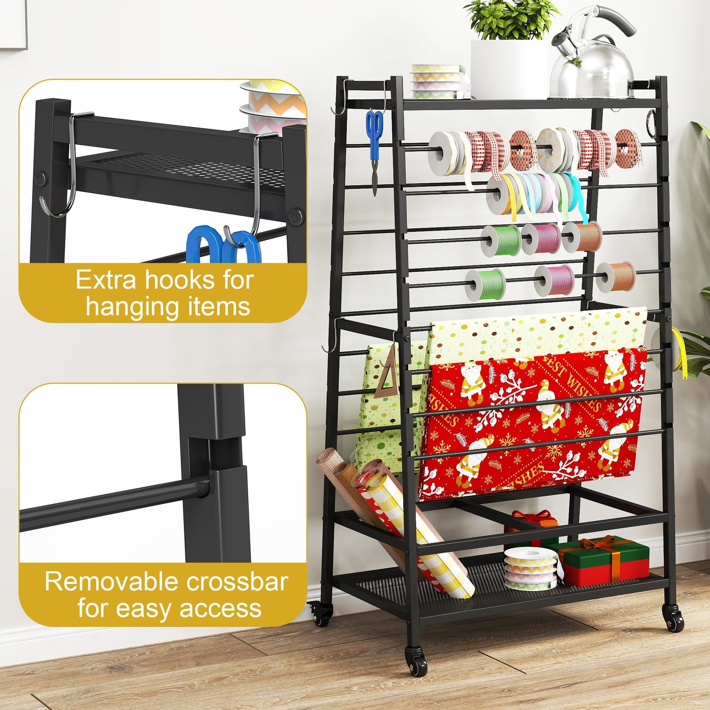 yeshine Ribbon Organizer for Craft Room, Rolling Ribbon Holder, Double-Sided Ribbon Holder Organizer Rack, Metal Craft Christmas Gift Wrapping Paper Holder, Large Capacity Ribbon Storage Rack