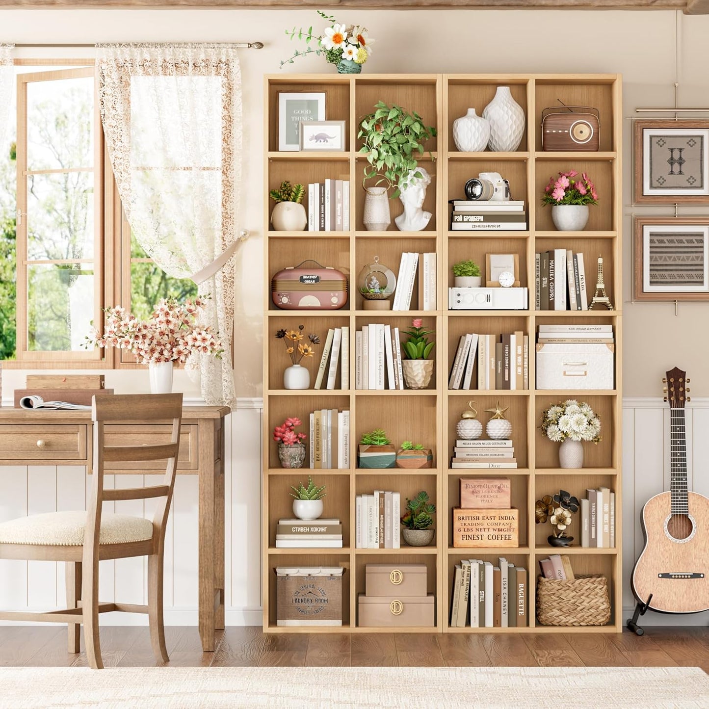 FOTOSOK 71’’ Narrow Bookshelf and Bookcase, Wooden Shelf 7 Tier Media Storage Tower Rack, CD DVD Storage Tower Rack with Adjustable Shelves,Double Wide Slim Bookshelf Cube Storage Organizer, Natural