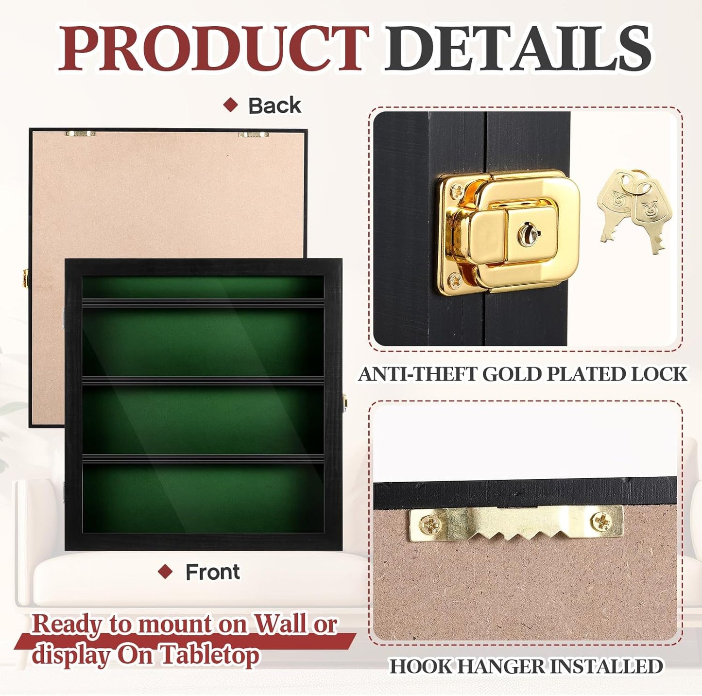 Golf Bag Tag Collection Display Case Holds 40 Bag Tags 16.54 x 15.35 x 1.77 Inch Wall Mount Wooden Shadow Box W/98% UV Acrylic Door Lockable Storage Display Box for Collection