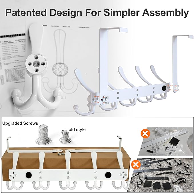 Dseap Over Door Hook 2.0 - Upgraded Version - Simple-Assembly, Strong, Heavy-Duty Stainless Steel 5-Tri-Hook Over The Door Hanger Rack, SimpleStrong Series, White, Pack of 2