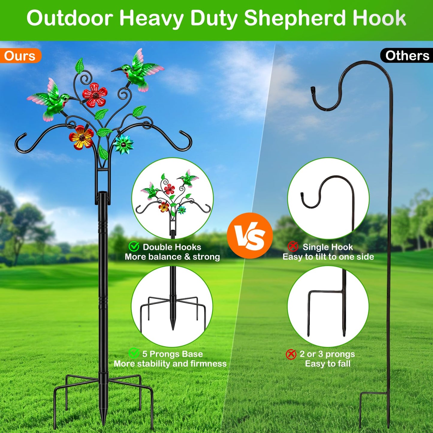 Double Shepherds Hooks for Outdoor, 2 Pack 78 Inch Bird Feeder Pole with 5 Prongs Base, Adjustable Heavy Duty Plant Hangers Hummingbird Art for Outdoor Plants Hummingbird Feeder Hanging Basket Lantern