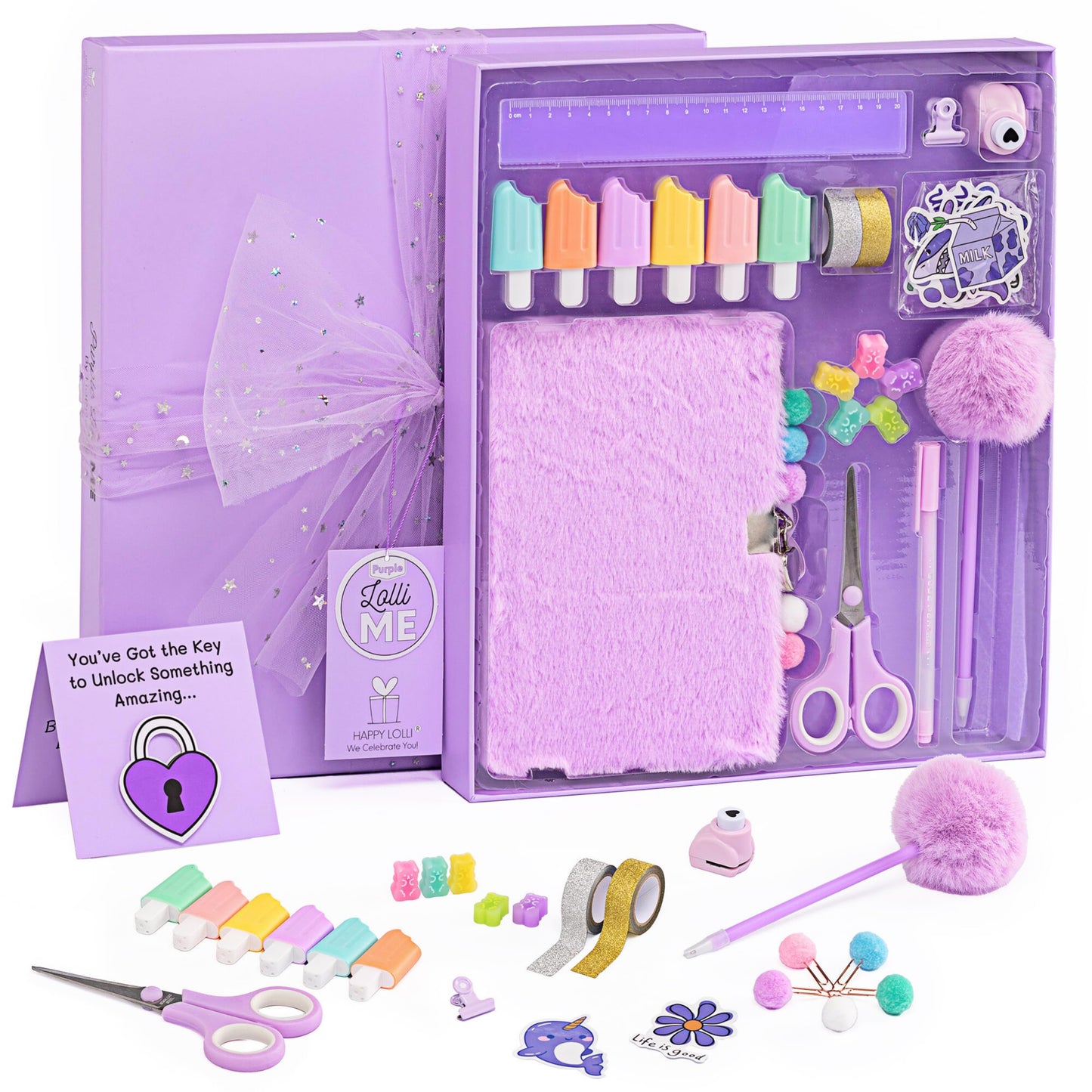 HAPPY LOLLI Purple LolliME DIY Journal Kit for Tween & Teen Girls Ages 8–14, Birthday Gift, 300+ Pieces Lockable Diary Set, Arts & Crafts, Scrapbook & Creative Journaling