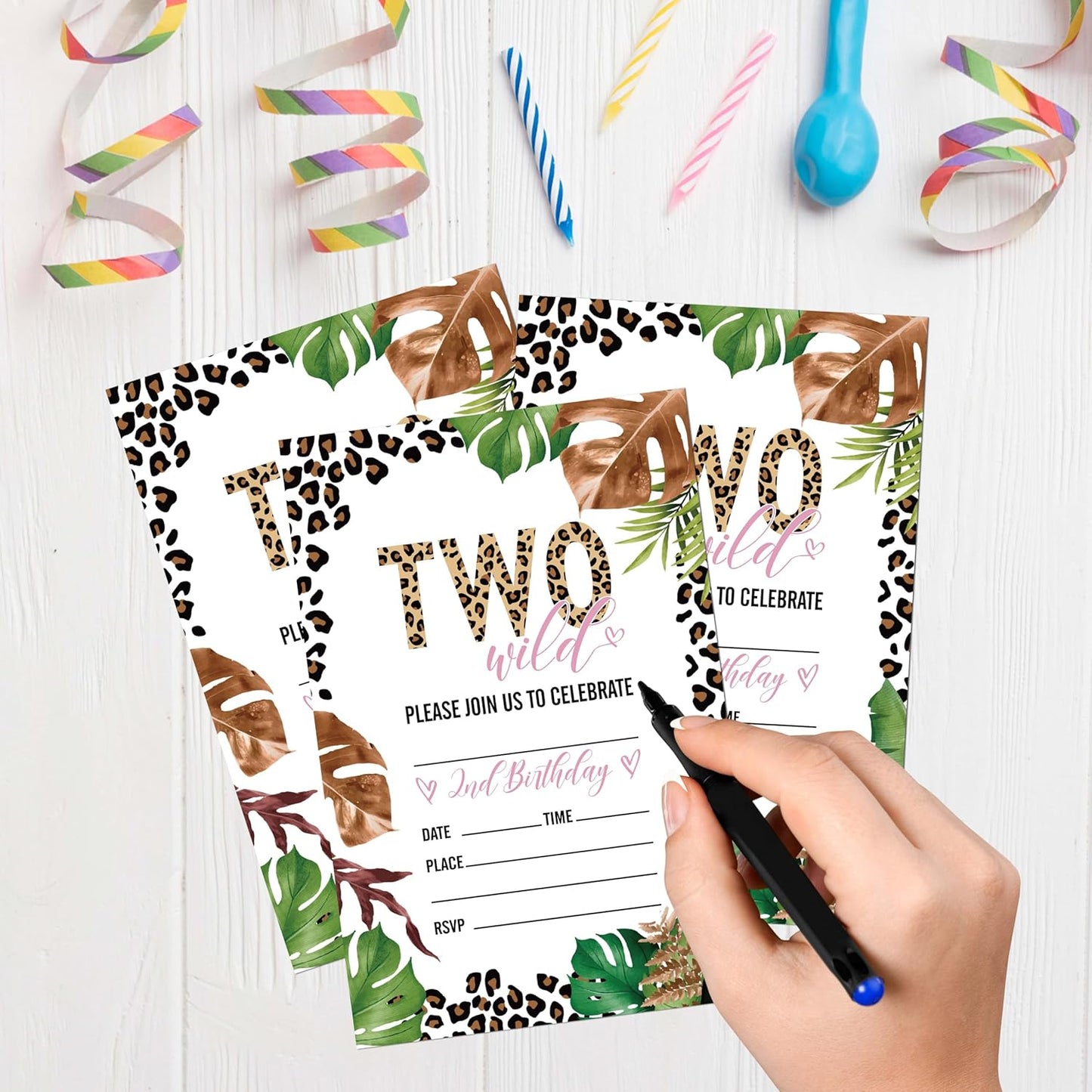 Safari Jungle Birthday Invitations, 20 Invitation Cards with Envelopes, Wild Two Invites for Party Decorations Favor Supplies - A14
