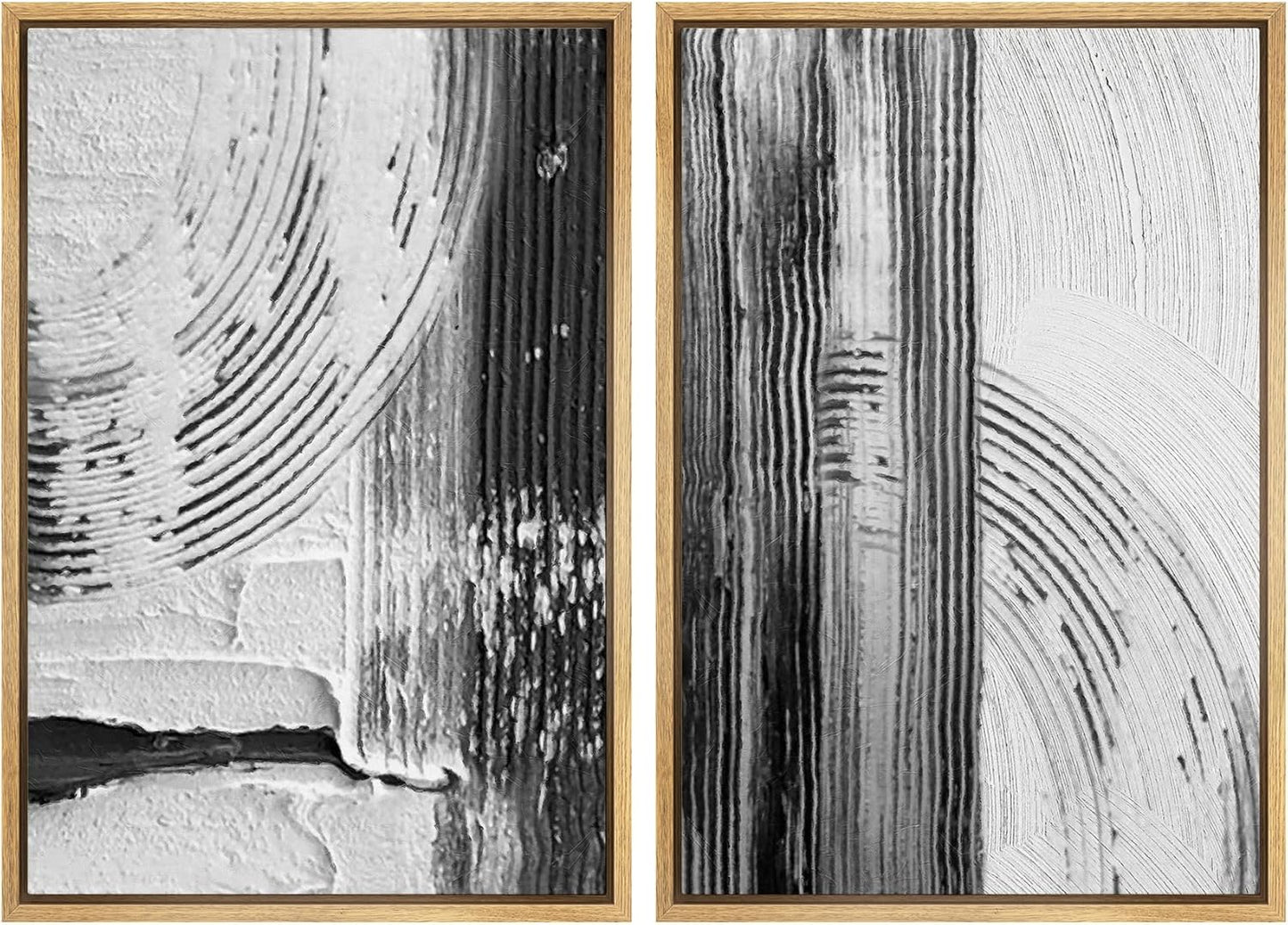 SIGNWIN Framed Canvas Print Wall Art Set Black White Industrial Paint Strokes Abstract Shapes Illustrations Modern Art Minimal Decorative Nordic for Living Room, Bedroom, Office - 16"x24"x2 Natural