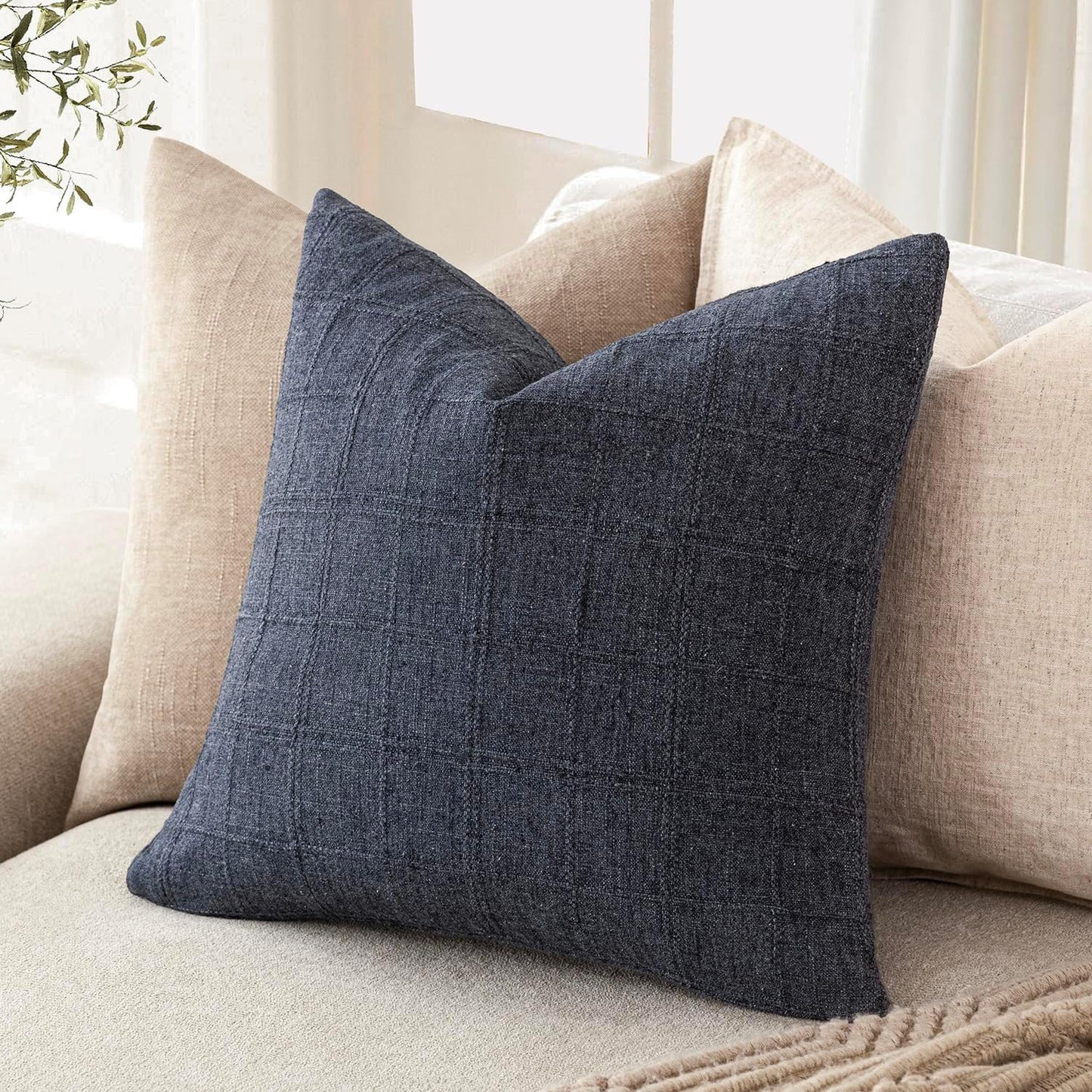 Foindtower Set of 2 Decorative Linen Check Throw Pillow Covers Neutral Farmhouse Vintage Cushion Covers Modern Boho Home Decor for Sofa Chair Couch Bedroom Living Room Outdoor,16×16 Inch,Navy Blue