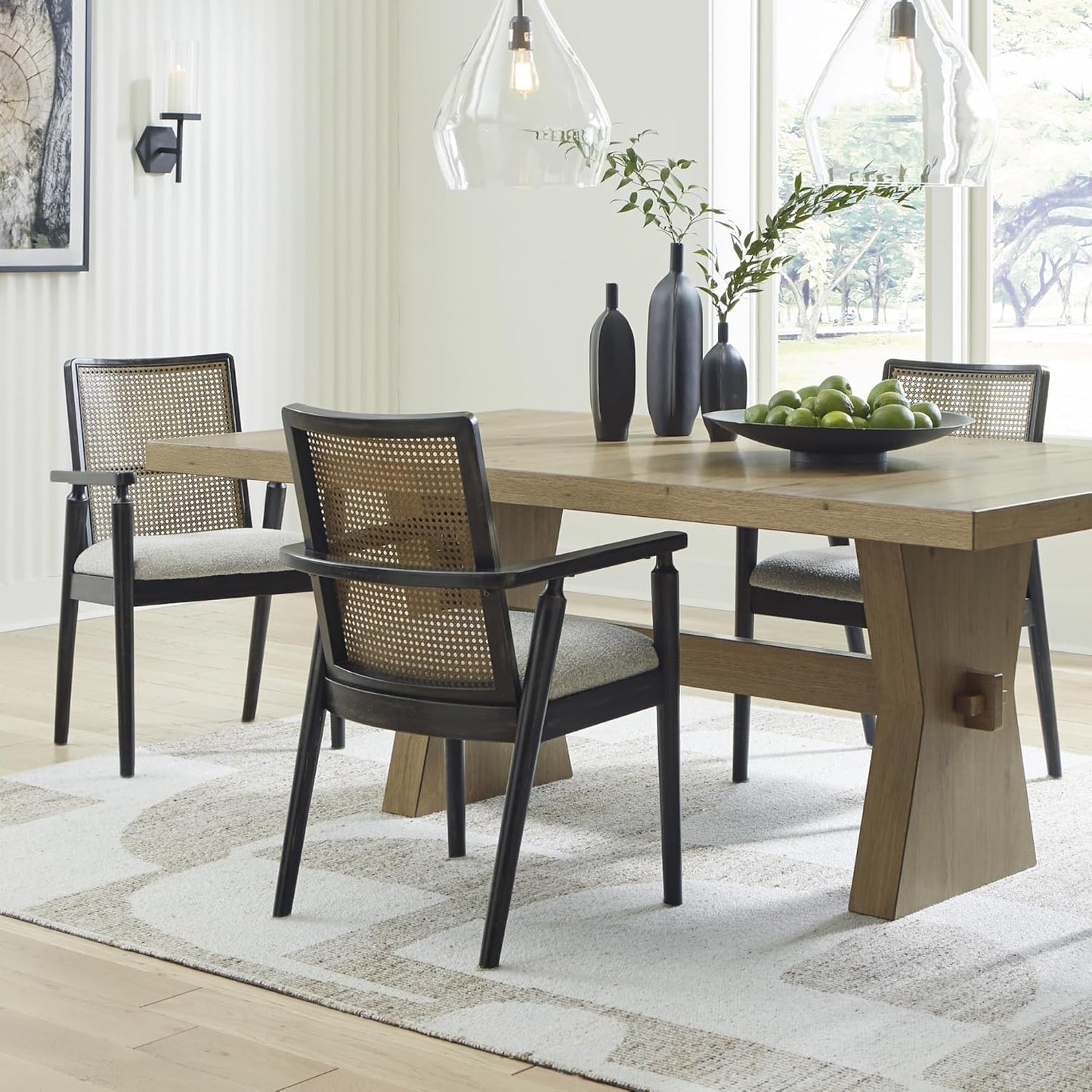 Signature Design by Ashley Galliden Rustic Solid Wood Upholstered Dining Arm Chair with Faux Cane Backrest, Set of 2, Light Brown & Black