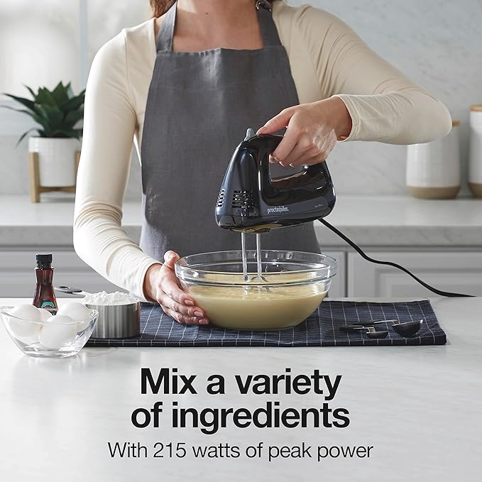 Proctor Silex Easy Mix 5-Speed Electric Hand Mixer with Bowl Rest, Compact and Lightweight, 215 Watts of Peak Power, Black (62511)