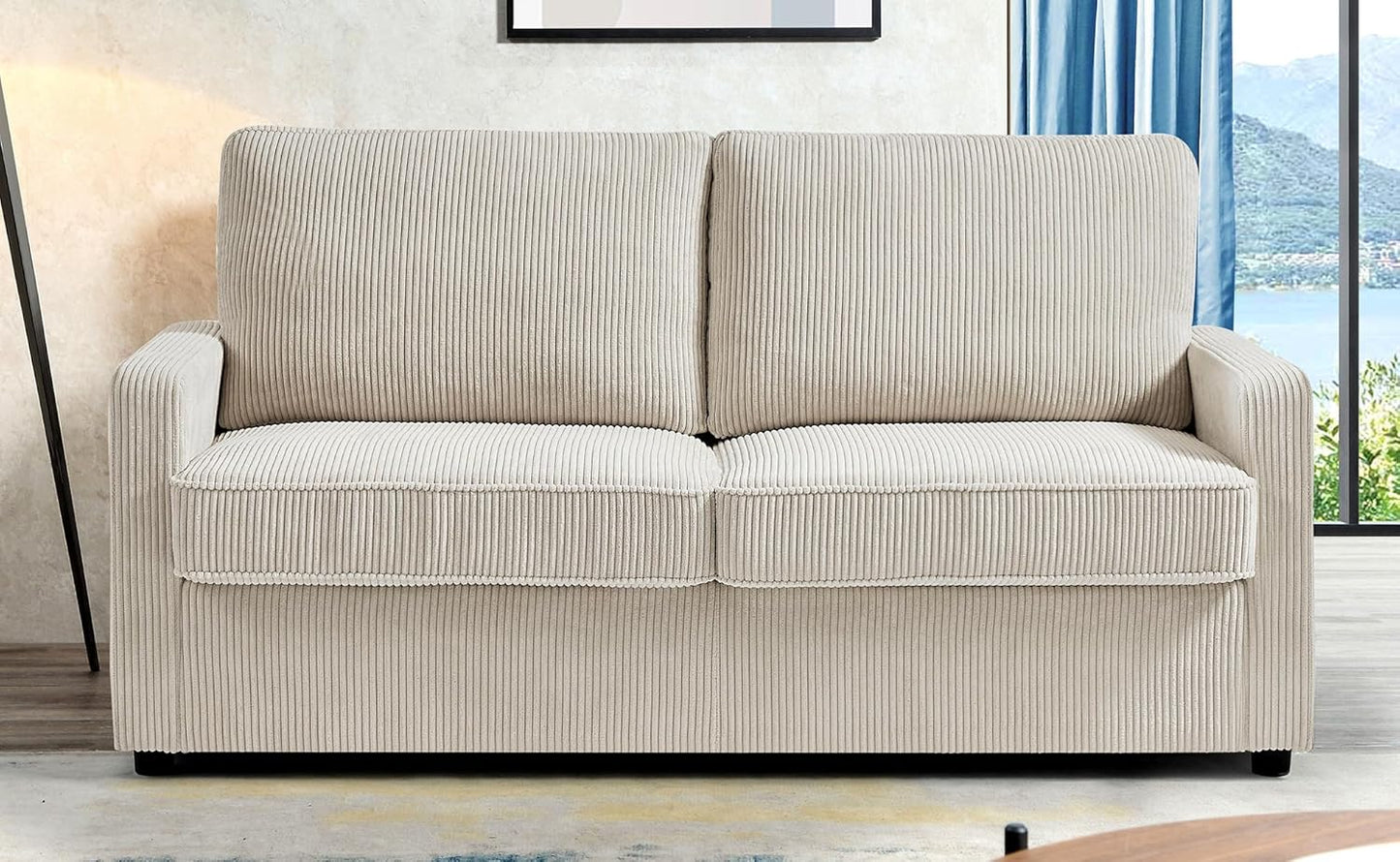 Reversible Sleeper Sofa Bed with Comfortable Memory Foam Mattress, Convertible Corduroy Full Size Pull Out Couch for Living Room, Space Saving Furniture, 70" Wide, Rectangular Arms, Ivory