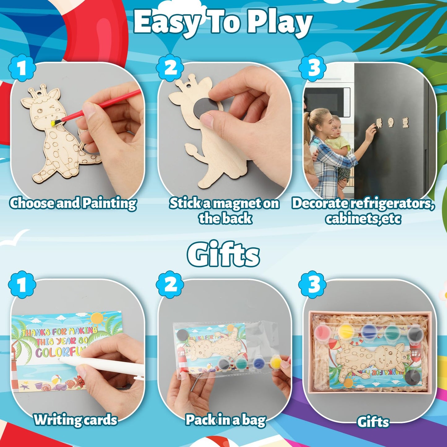 Kathfly 24 Pack End of Year Student Gifts from Teacher End of Year Craft Kit for Kids Safari Animals Classroom Gifts Wooden Magnet Painting Craft with Cards DIY School Gift for Preschool Girls Boys