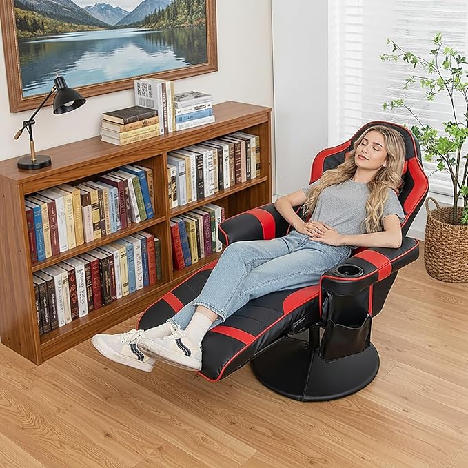 POWERSTONE Gaming Recliner, Adjustable Massage Gaming Chair with Cup Holder Footrest Ergonomic Single Sofa Living Room Home Theater Seating with Side Pouch (Red)