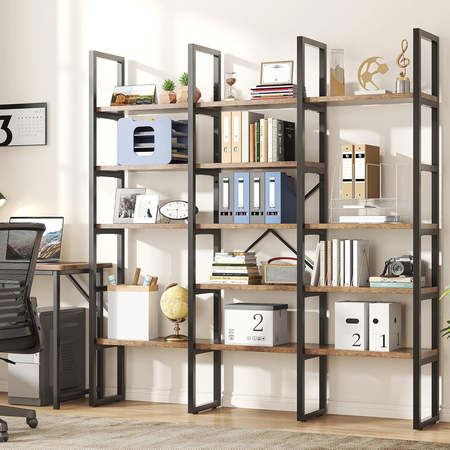 70.86" Modern Bookshelf and Bookcases with 13 Open Display Shelves, Triple Wide 5-Tier Industrial Large Book Shelf with Metal Frame, Tall Etagere Book Case for Home & Office, Rustic Brown